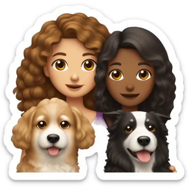 A Chinese girl with long brown curly hair is holding three dogs: one is a poodle, one is a black dog, and the other is a Shiba Inu. sticker