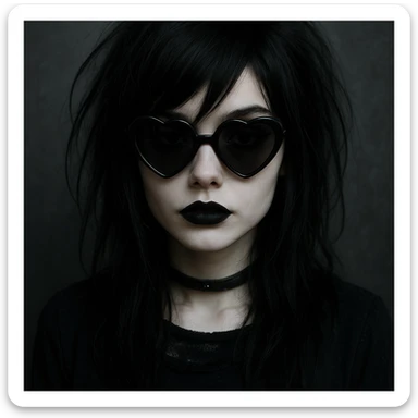 emo girl with heart-shaped sunglasses, dark hair, mysterious vibe sticker