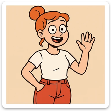 Girl dark orange hair bond hairstyle women's white t shirts pockets red trousers a hand hello  sticker