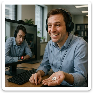 Man in his mid-30s, work video call, fake cheerful expression, hand under desk with caffeine pills, screen reflection reveals tired, collapsed posture, virtual avatar upright and energetic, hyperrealistic 4K, office environment sticker