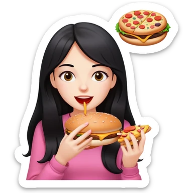 White girl in pink clothes and long black hair eating burger and pizza sticker