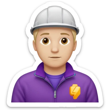 Crea un emoji de un electricista, hombre rubio con pelo corto hacia al lado, sin gafas, con forro polar morada y nombre empresa INDYDES sticker