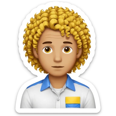 Make me an emoji that has a guy with a white shirt and yellow tape around the shirt with brown and blue spots hair make the hair curly make the yellow tape go around it sticker