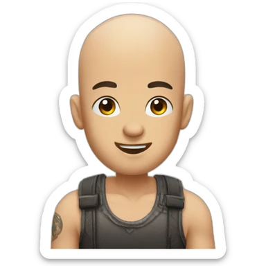 bald rom tattooed and on his head pointing at something with one hand sticker