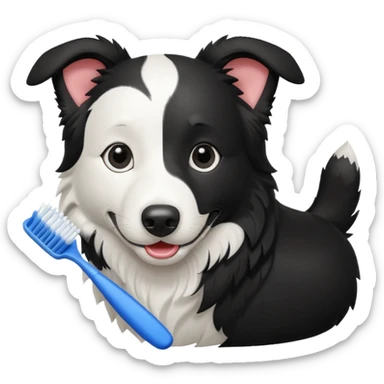 border collie black and white holding a blue toothbrush sticker
