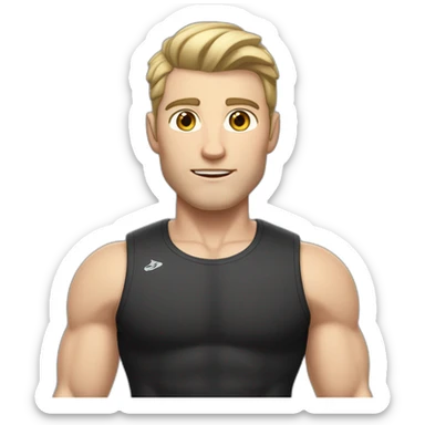 Pale skinned Fit Man With the biceps and dark brown hair in black shirt, gray sports shorts and white Sneakers sticker