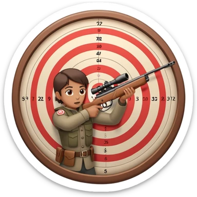A precision shooter aiming with a rifle at a target, showcasing steady hands and concentration. The target is clearly visible, with concentric rings, symbolizing accuracy and control in a professional shooting range setting. sticker