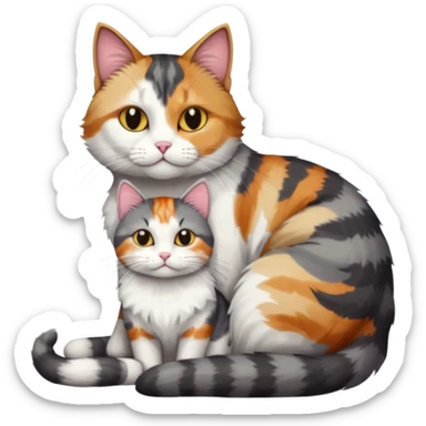 full body colourful light patched calico + white tabby cat cuddling a large dark grey and white tabby cat  sticker