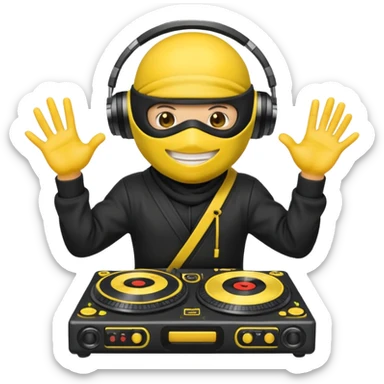 Make a customized yellow head emoji with hands and holding a dj turn table  in a  ninja face mask sticker