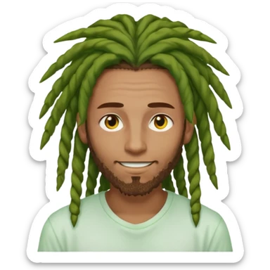man with brown dreads covering forehead white tee golden eyes light green skin  and white smile sticker