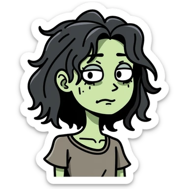 zombie girl with shoulder-length hair in transition, pale green skin, dark circles around eyes, messy hair sticker