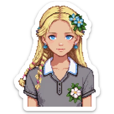 preppy coastal teen girl with blue eyes, beach blonde hair, tan skin, small flowers in her ear, preppy beach outfit sticker