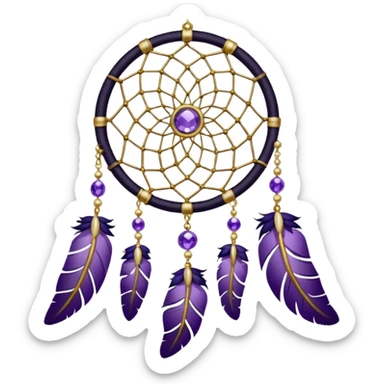 Black dreamcatcher with amethyst crystals, gold pearls, and plants, and violet and white feathers sticker