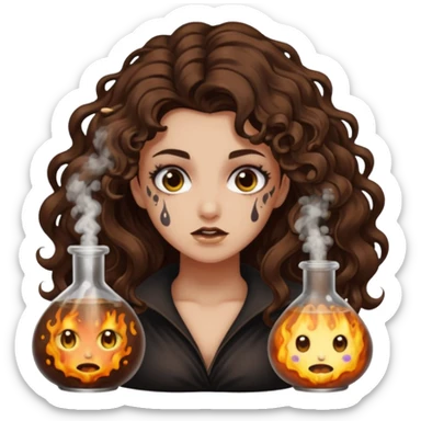 alchemy accident — long wavy brown hair tattooed woman and short tight curly brown hair woman — potion explosion soot faces sticker