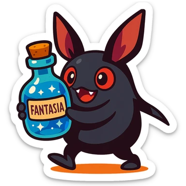 Final Fantasy spriggan holding a bottle of Fantasia, colorful and playful vibrant toon style sticker