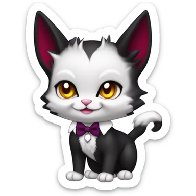 Cute-Edgy-Vampiric-Batty-Cat-Black-Purple-Red-Yellow-Contrast-Colors-Fantasy-Fur-Sona-Chibi-Shiny-Fakémon-Hybrid with horns and big fangs neck bow white tie leg spats full body sticker