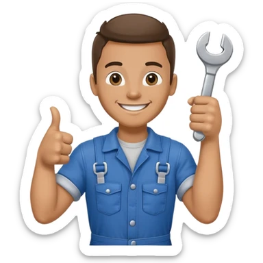 A car mechanic in overalls smiles, holds a wrench in one hand, and shows a thumbs up with the other sticker