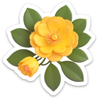 vibrant red Japanese camellia flower with golden center sticker