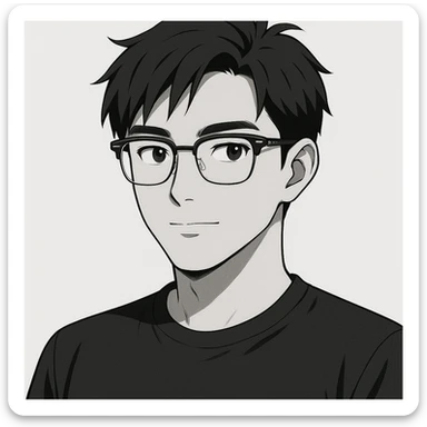 Create a half portrait in black and white anime style of an Asian male age 25, wearing Ray-Ban half frame glasses and a black t-shirt. Maintain the anime aesthetic with clear facial features and the specified accessories. sticker
