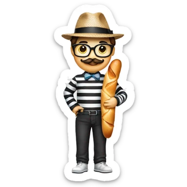 Nerd emoji with black and white long sleeve striped shirt and a fedora and a mustache and a baguette and a French hand  sticker