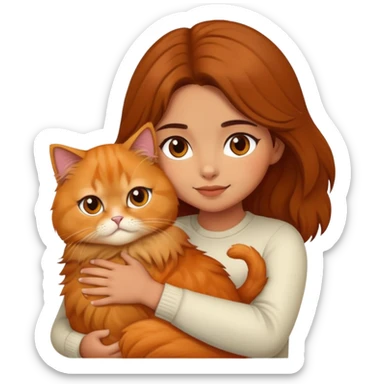 olive skin girl with brown hair, hugging an fluffy orange persian cat sticker