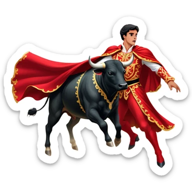 ​Cinematic Realistic Spanish Matador in Action, depicted in an ornate traje de luces with a flowing red cape, captured in the dramatic moment of confronting a charging bull in a traditional bullring, rendered with dynamic motion and dramatic lighting that encapsulates the intensity and artistry of the spectacle, sticker
