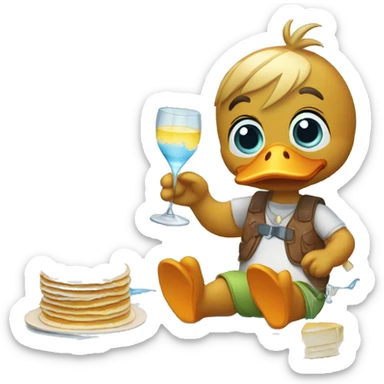 Duck holding present making pancakes while putting on shoes and drinking a glass of water sticker