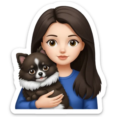 an brunette girl holding her pomeranian dog thats black and white but has white middle part in the face kinda looks like a panda sticker