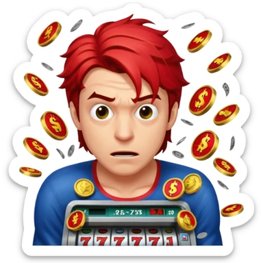 disheveled spiderman losing money at a slot machine, panicked face, coins flying sticker