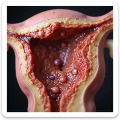realistic cross section of uterus with reddened, swollen, visibly inflamed endometrium, presence of immune cells, white background sticker