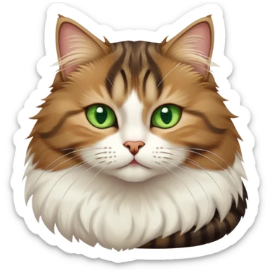Brown, white, and black tabby cat with green eyes sitting to show its white belly, cute facial expression sticker