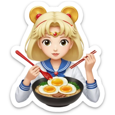 Sailor moon preparing beef ramen with chives and fried egg sticker