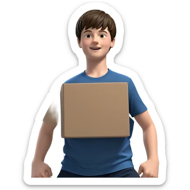 boy in blue shirt with box sticker