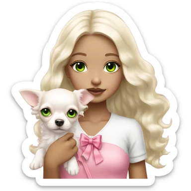 pale blond yt girl with wavy long platinum white hair with bright green eyes holding a white chihuahua puppy that wearing a pink bow sticker