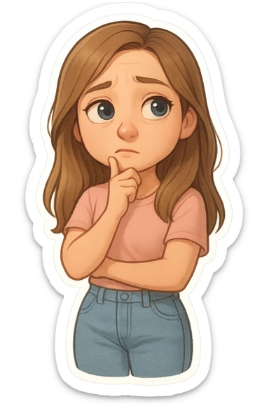 3D cartoon sticker of a 30-year-old woman with long light brown hair below shoulder blades, fair skin, large expressive blue eyes, slight bump on nose, wearing a pastel pink t-shirt and light blue mom jeans, thoughtful expression, DreamWorks style, soft light, white sticker outline sticker