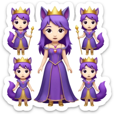 A collection of twelve chibi-style illustrations of a cute princess wearing a purple dress and crown with purple hair and purple wolf ears and purple wolf tail character. Each square shows the character doing different things against a white background And make a gap between each illusion sticker
