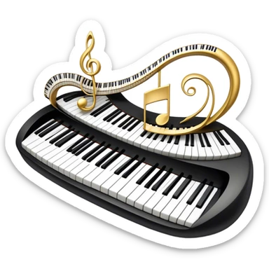 Create an elegant and festive emoji collage representing keyboard instruments, styled like a heraldic emblem. The design should feature a central focal point of black and white piano keys, arranged in a semi-circular or shield-like shape. Around the piano keys, add intertwining musical notes that form flowing ribbons, creating a dynamic and celebratory atmosphere. The design should be professional, with polished silver and gold accents on the keys and notes, highlighting the luxury and sophistication of the instruments. Add subtle shading and lighting effects to give the design a refined, 3D appearance. The background should remain transparent, and the overall feel should evoke grandeur, artistry, and a sense of celebration. sticker