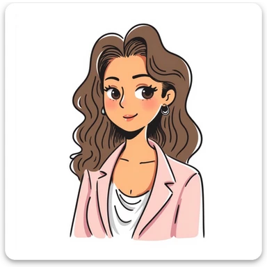 A 30-year-old woman with tanned skin, light brown long wavy hair with curled ends, delicate face, almond-shaped eyes with smoky foxy eye makeup, brown eyes, wearing a light pink elegant blazer and white satin cowl neck blouse with thin straps sticker