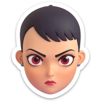 Furiosa's head from Furiosa: A Mad Max Saga, fierce expression, short hair, black forehead mark, cinematic style, emoji sticker