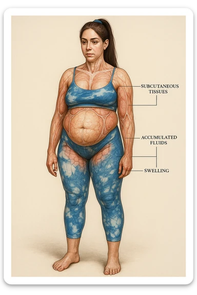 Realistic anatomical illustration of a woman in sportswear inspired by the reference photo, showing water retention and swelling in the abdomen and hips. Highlight subcutaneous tissues and fluids in an anatomical style with a neutral background. sticker