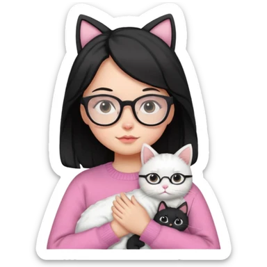 a girl with a black wavey hair, wearing a pink sweater and glasses, holding a cute white cat, only upper body sticker