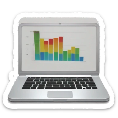 A laptop with a bar chart and an upward trend sticker