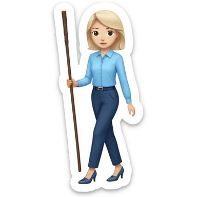 female smart light blue blouse, dark trousers, shoes. one hand holding a stick sticker