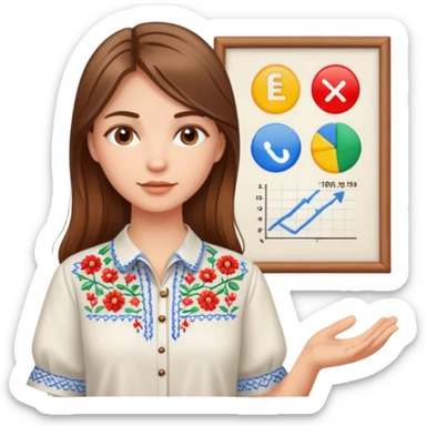 A Ukrainian girl with brown hair in an embroidered shirt holds a diagram sticker