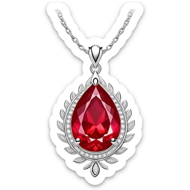 teardrop ruby pendant with fiery light, tiny phoenix feather emerging, haloed by shimmering white stones, silver chain like liquid moonlight sticker