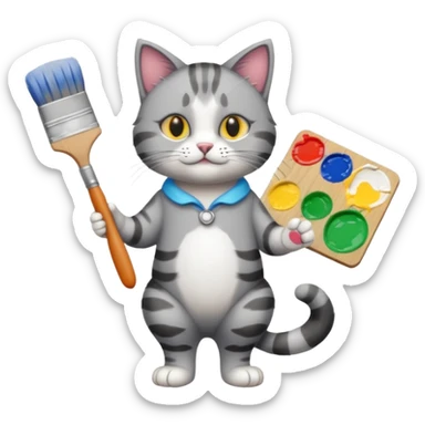 A full body cat holding brushes and a colour pallete because he is an artist sticker