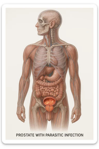 Vertical, hyper-realistic 3D cutaway illustration: the human body is shown in semi-transparent layers, exposing various types of problemi alla prostata a causa dei parassiti sticker