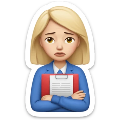  emoji character wearing a interview clothoes. face has a very sad crying, disappointed expression with drooping eyebrows and half-closed eyes. posture is dejected, with slumped shoulders. just rejected from  interview to get a job, holding CV. dont make it old person and make it woman. sticker