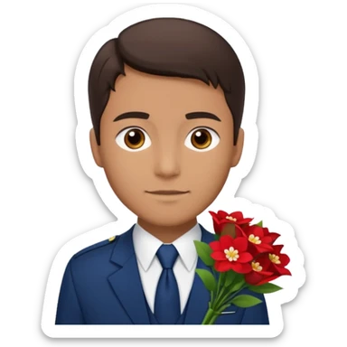 Homme avec bouquet fleurs blanches, avec uniforme bleu foncé cravate rouge, arabe raie sur le coté, brun un peu bronzé et yeux marrons  sticker