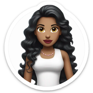 girl, black thick wavy hair, middle hair parting, juicy pink lips, white skin, long hair, white vest top sticker